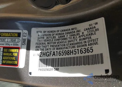 2008 Honda Civic Lx from USA, damaged, VIN 2HGFA16598H516365